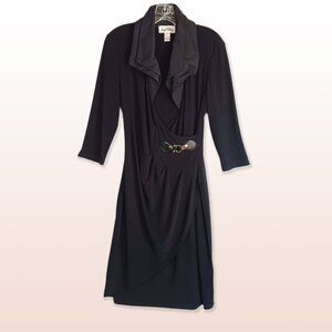 Joseph Ribkoff Black Faux Wrap Evening Dress Plunge Neck Buckle Double Collar 10